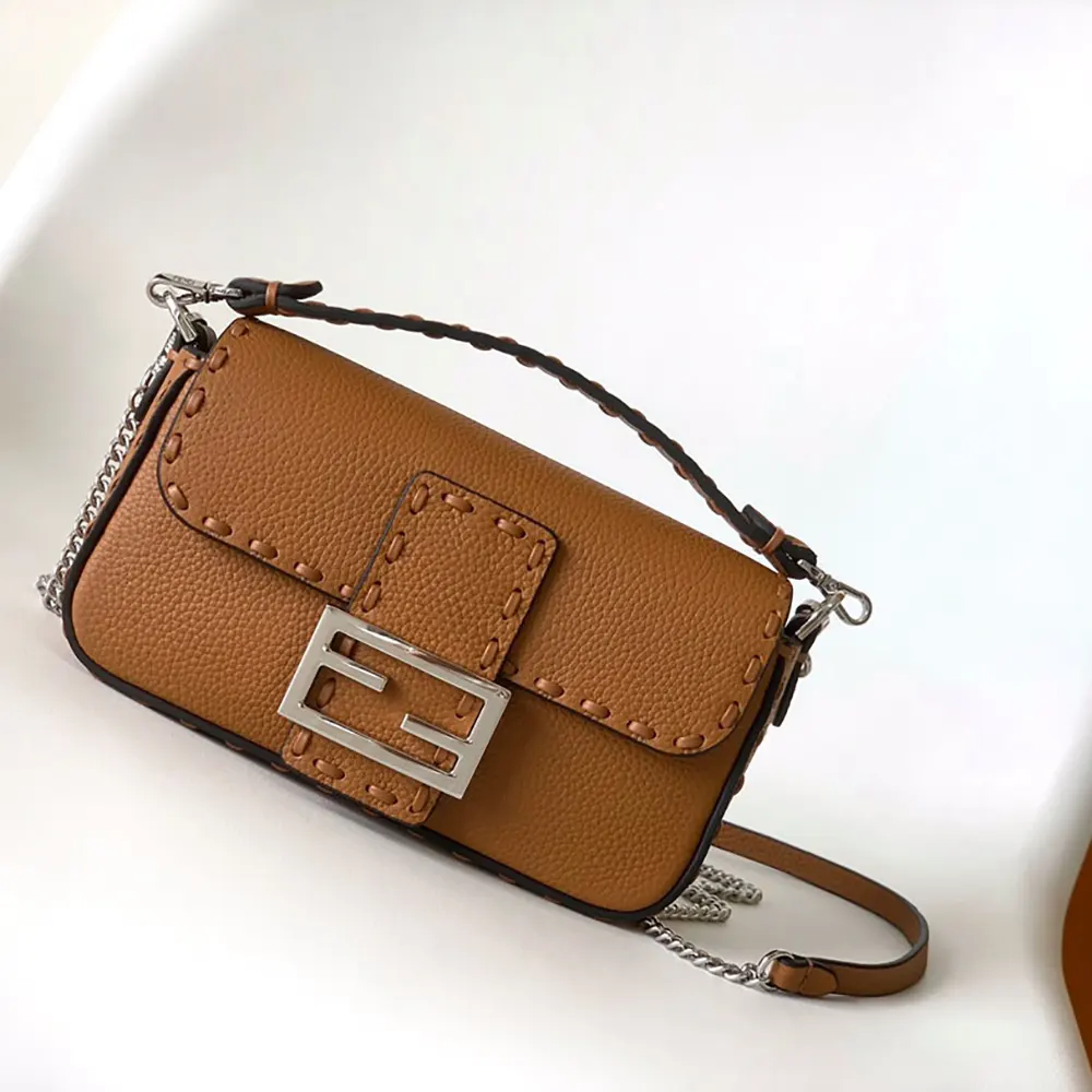 Close-up of 309 hand-sewn stitches on Fendi Selleria Bag leather