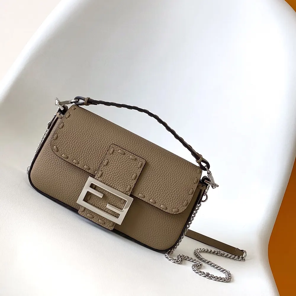 Close-up of hand-sewn topstitches on Fendi mini Selleria bag