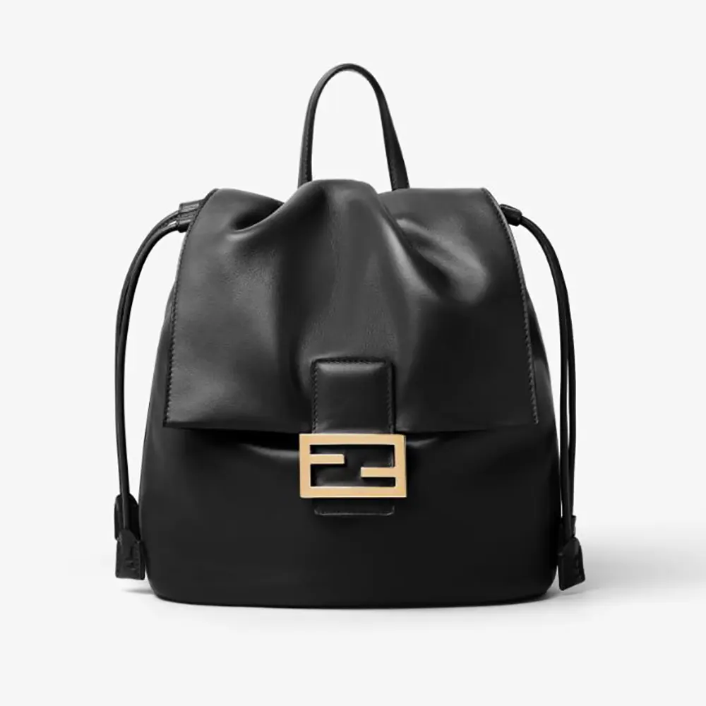 Front view of Fendi Women Cappuccino Black Leather Backpack with zipped closure