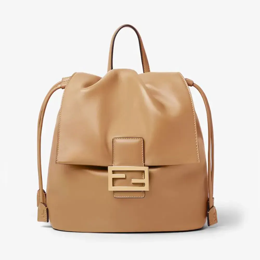 Front view of Fendi Women Cappuccino Brown Leather Backpack with gold hardware