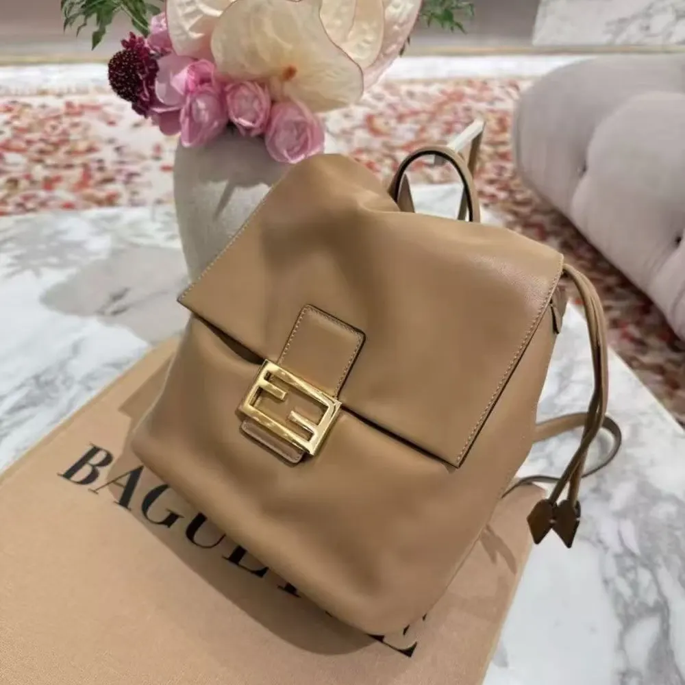 Close-up of cappuccino leather texture on Fendi Women Cappuccino Brown Leather Backpack