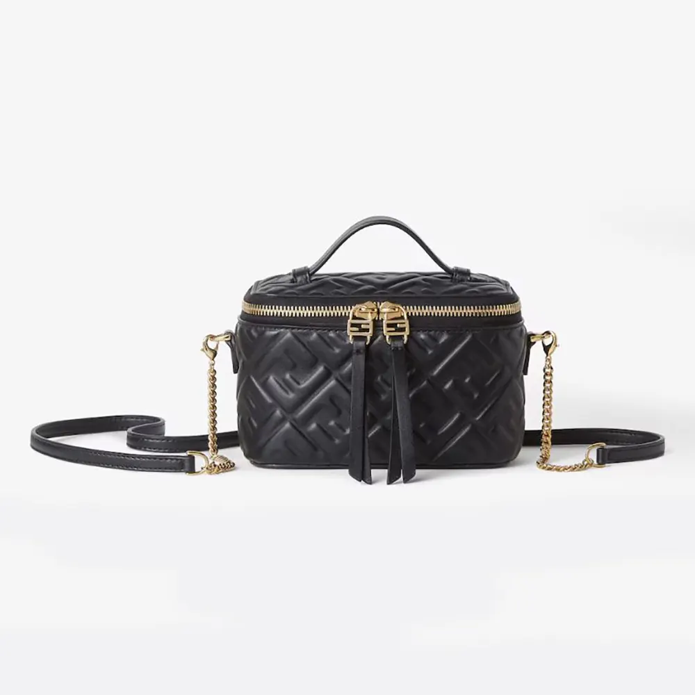 Front view of Fendi Women Vanity Black Nappa Leather Mini-Bag With Ff Motif