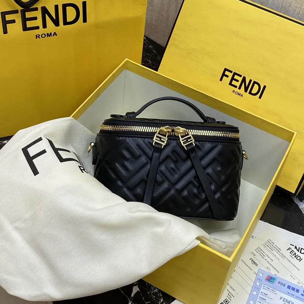 Close-up of polished FF motif on Fendi Women Vanity Black Nappa Leather Mini-Bag