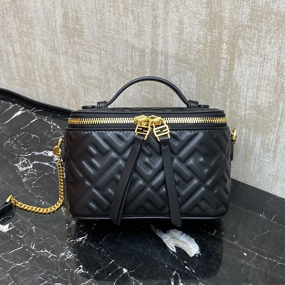 Side angle showing zipper closure on Fendi Women Vanity Black Nappa Leather Mini-Bag
