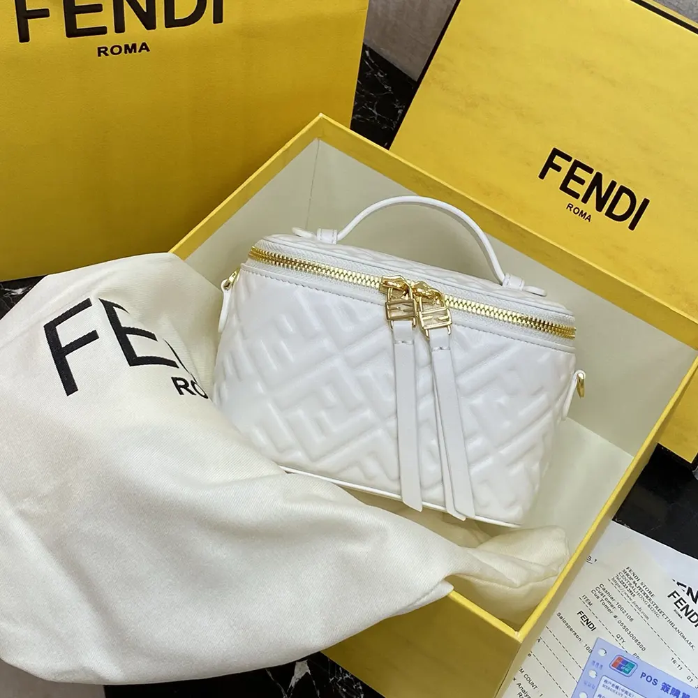 Close-up on gold-tone FF motif hardware on white mini-bag