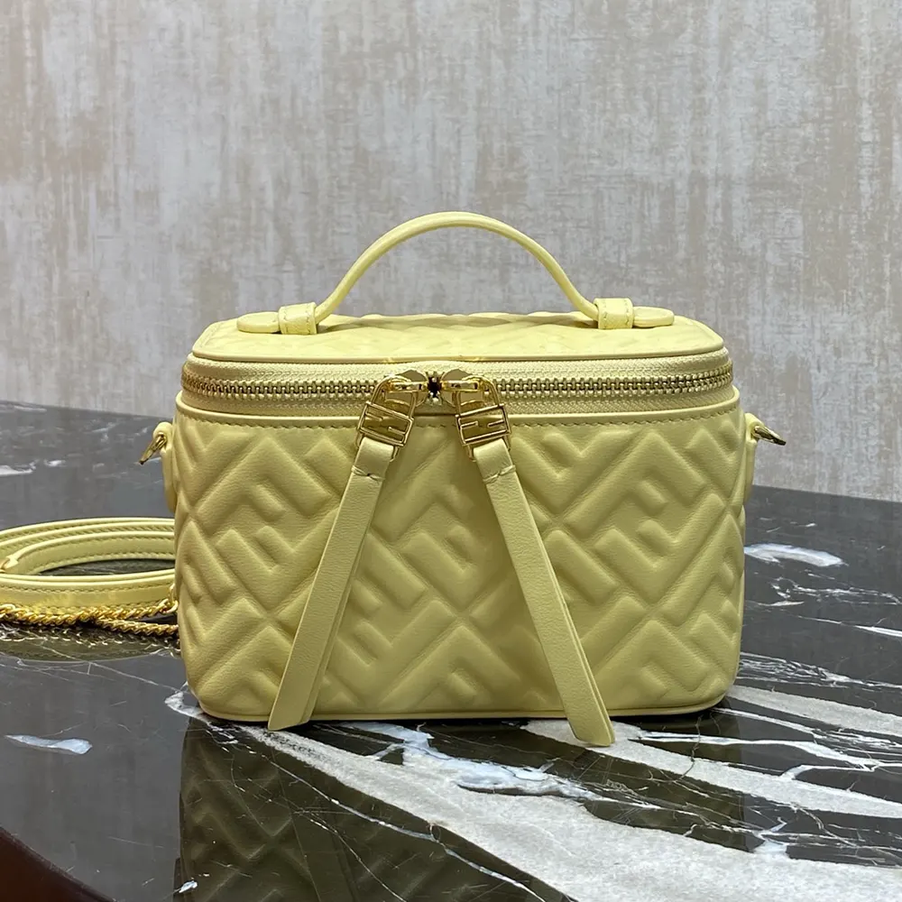 Side angle showing adjustable strap on Fendi yellow mini-bag