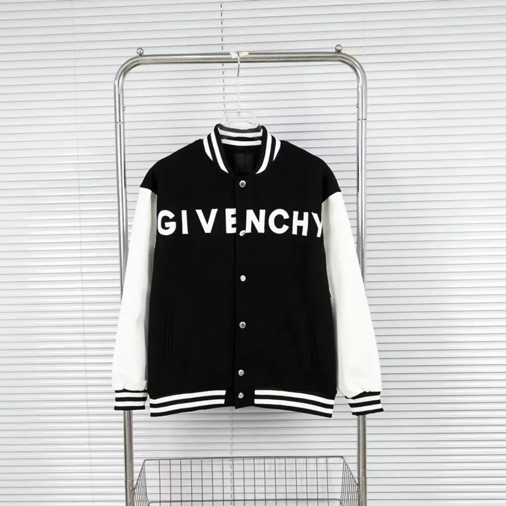 Close-up on leather hood and wool fabric details of Givenchy Men Hooded Bomber Jacket