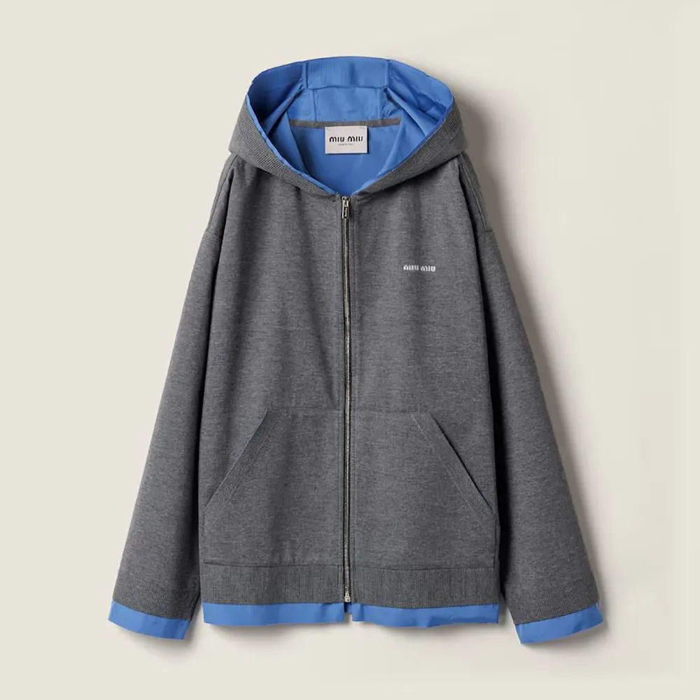 Front view of Miu Miu Women Bonded Knit Blouson Jacket with Jacquard logo