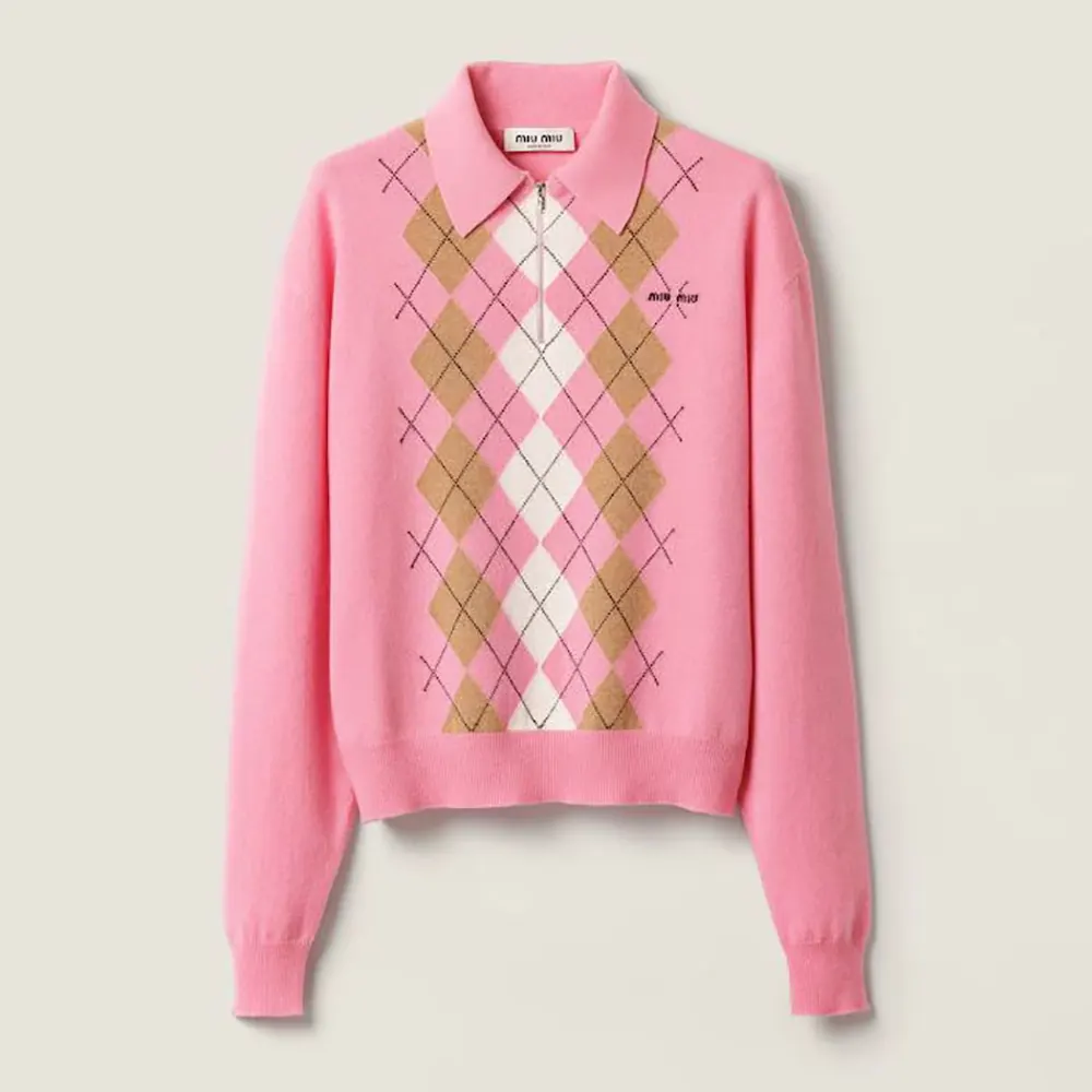 Front view of Miu Miu Women Cashmere Half-Zipper Polo Shirt in pink