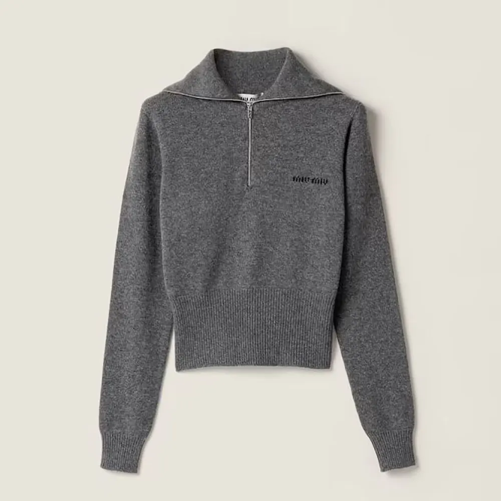Front view of Miu Miu Women Cashmere Half-Zipper Sweater in gray
