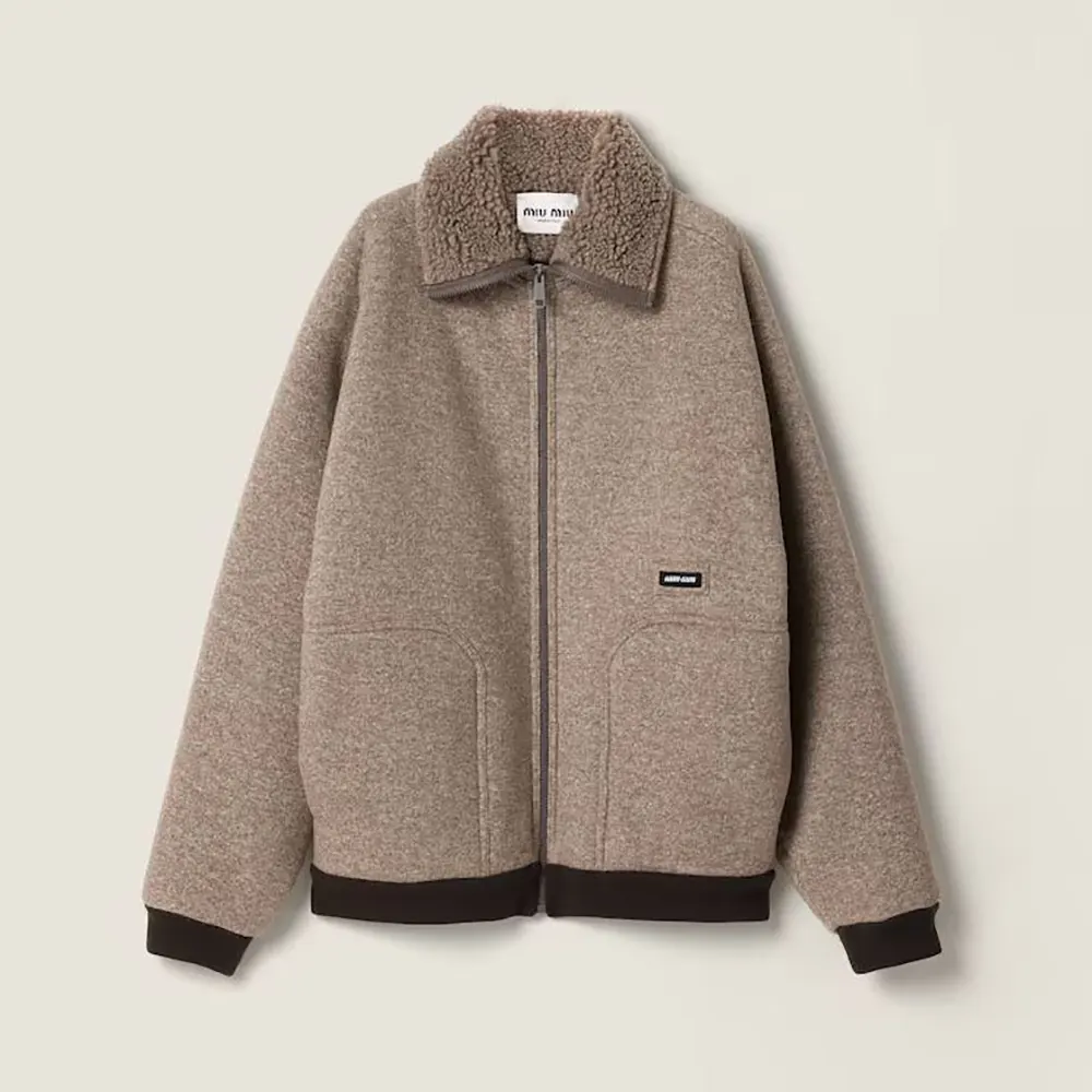 Front view of Miu Miu Women Cotton Fleece Zipper Blouson Jacket in brown