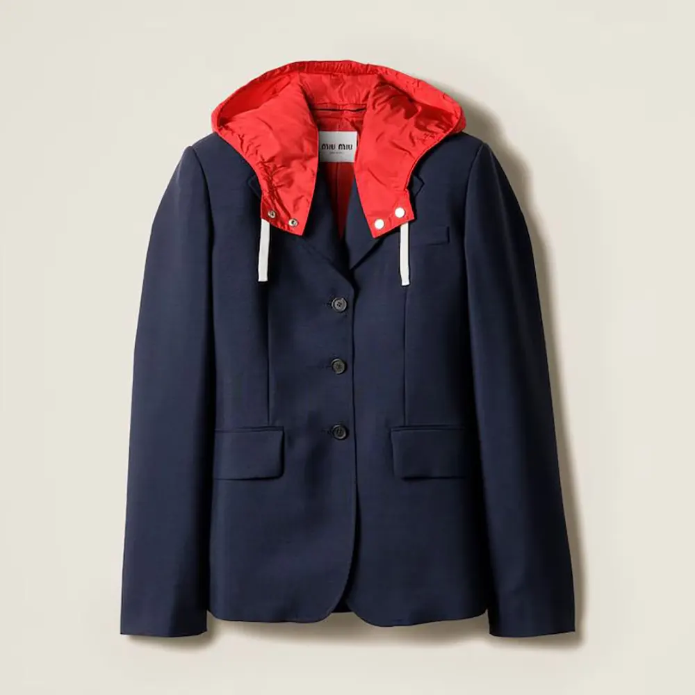 Front view of Miu Miu Women Double-Breasted Kid Mohair And Technical Pongé Jacket in navy