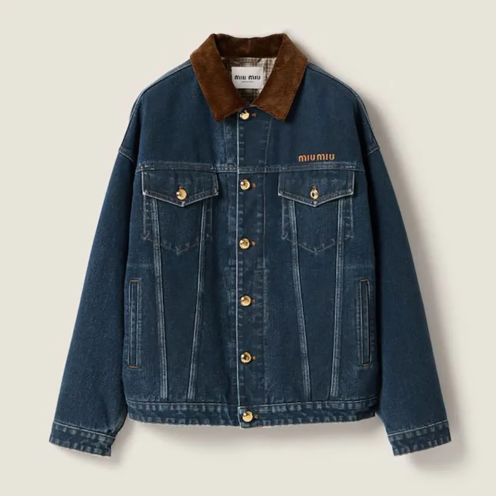 Front view of Miu Miu Women Flocked Denim And Velvet Blouson Jacket in navy