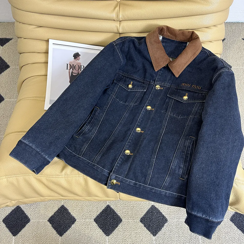Close-up detail of velvet and denim textures on Miu Miu blouson jacket