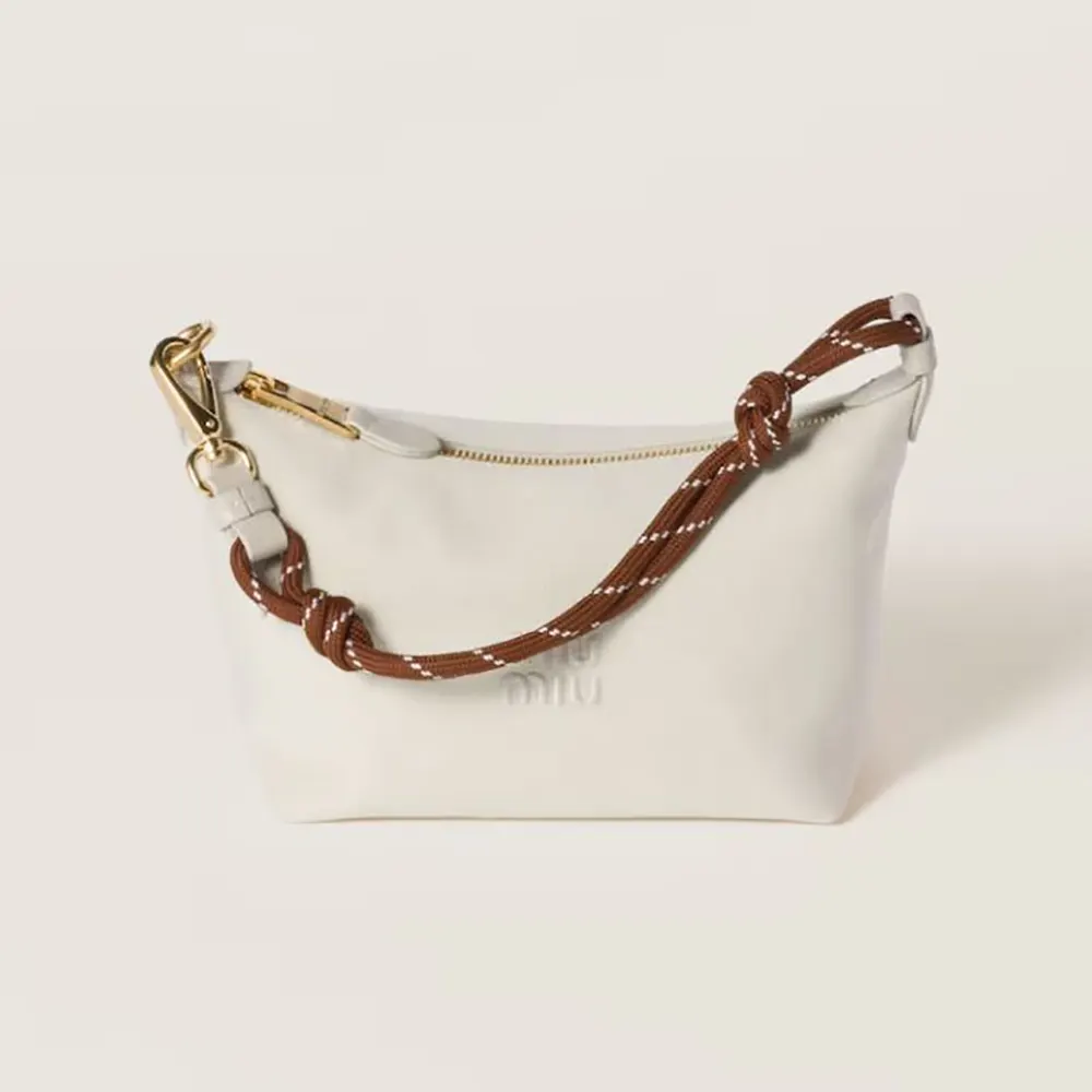 Front view of Miu Miu Women Gabardine Pouch-White with zipper detail
