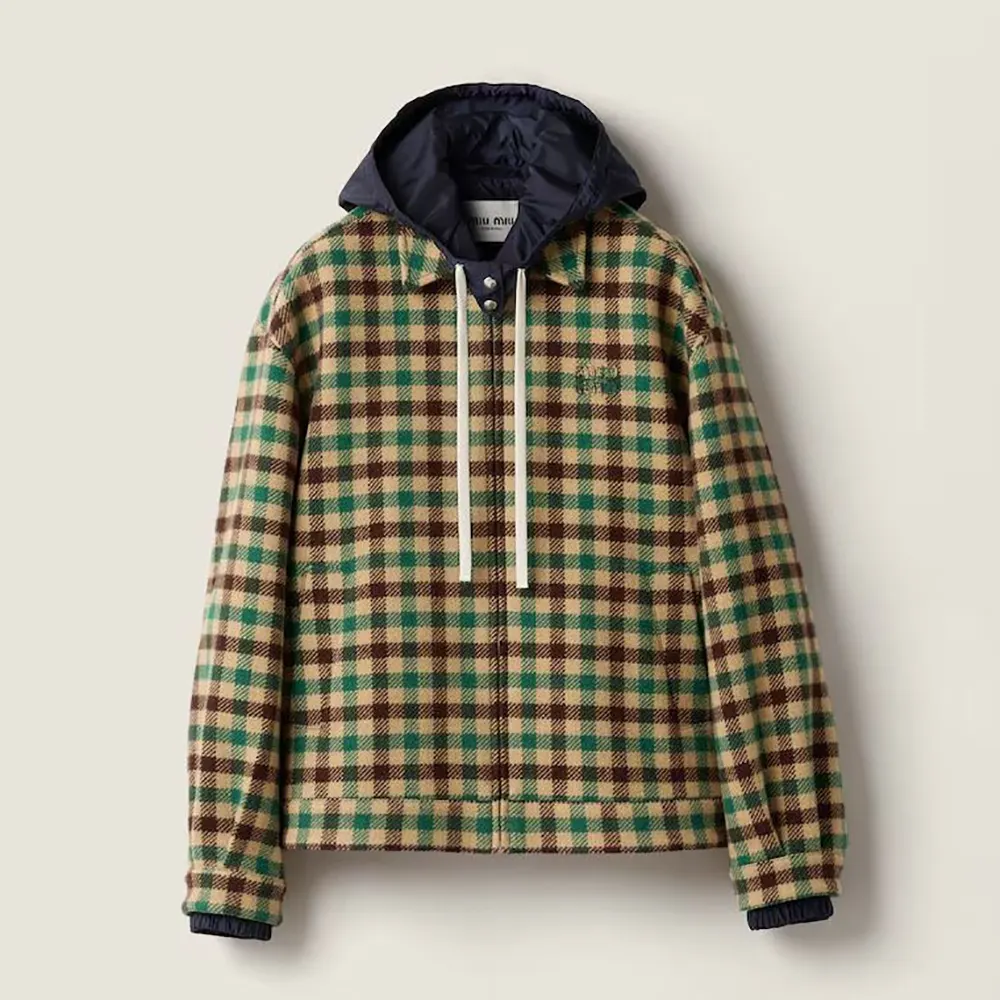 Front view of Miu Miu Women Gingham Check And Technical Fabric Jacket in green