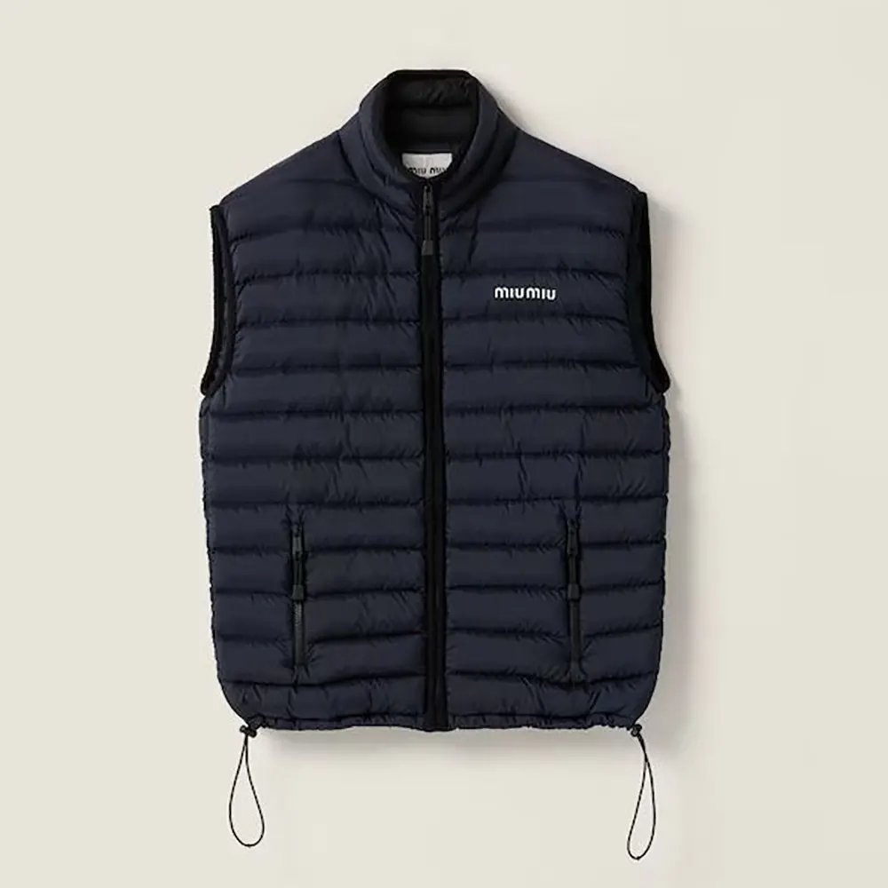 Front view of Miu Miu Women Light Pongé Down Vest with Embroidered logo in navy