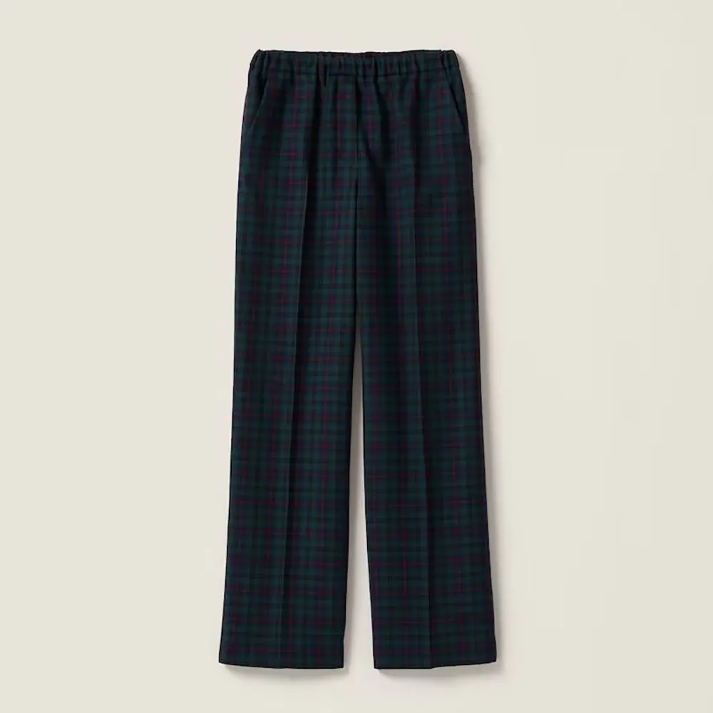 Front view of Miu Miu Women Plaid Pants with Embroidered Logo in navy