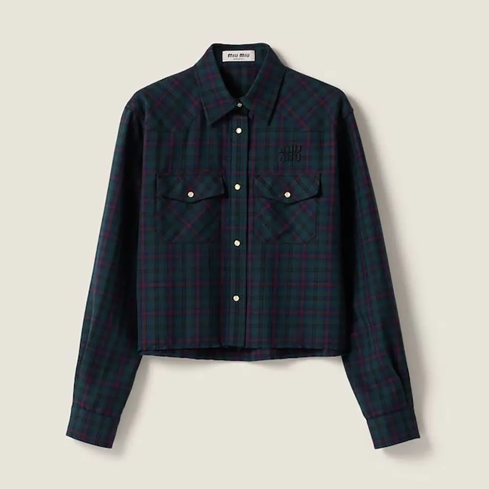 Front view of Miu Miu Women Plaid Shirt with Lettering Logo in navy