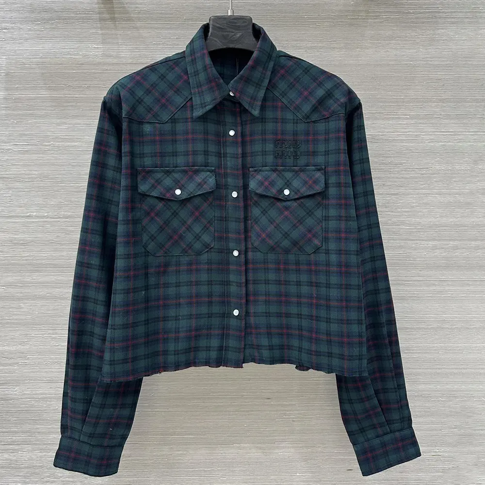 Close-up of embroidered lettering logo on Miu Miu Women Plaid Shirt
