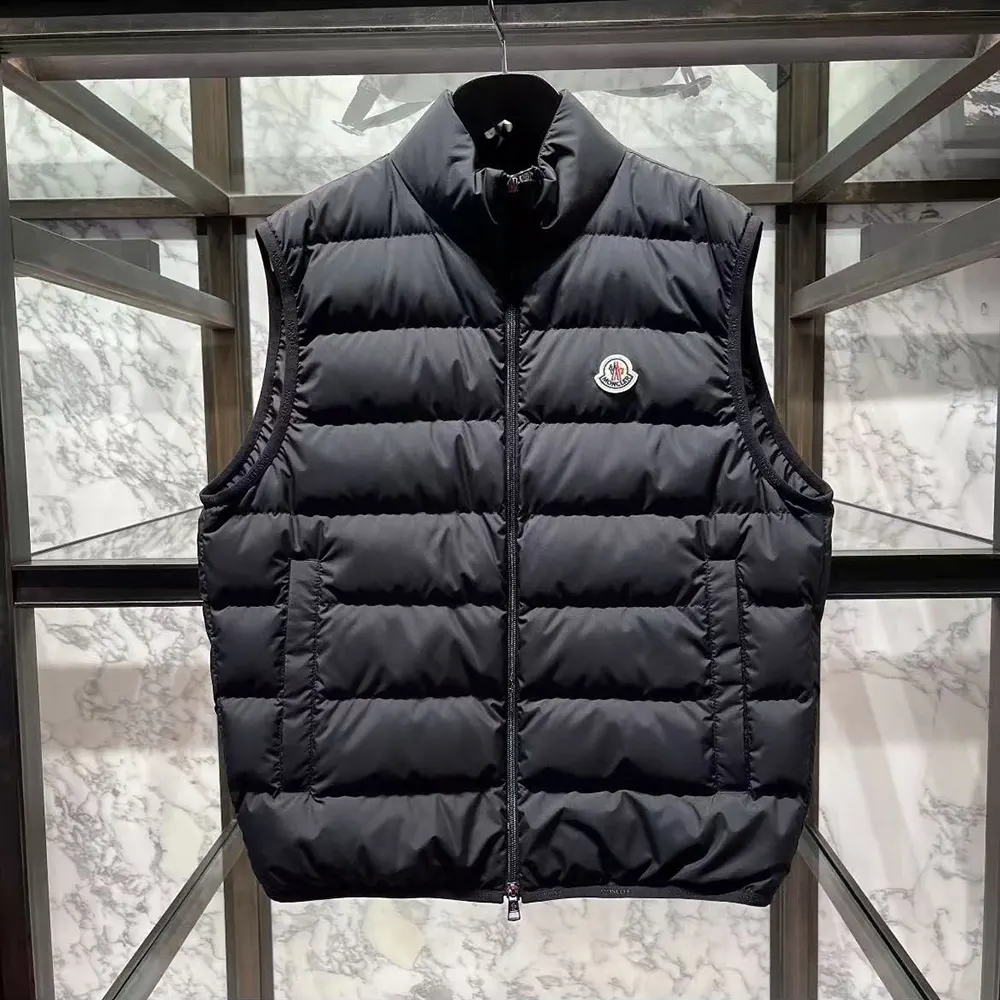 Side profile showing quilted nylon texture of Moncler Men Rocoque Down Gilet