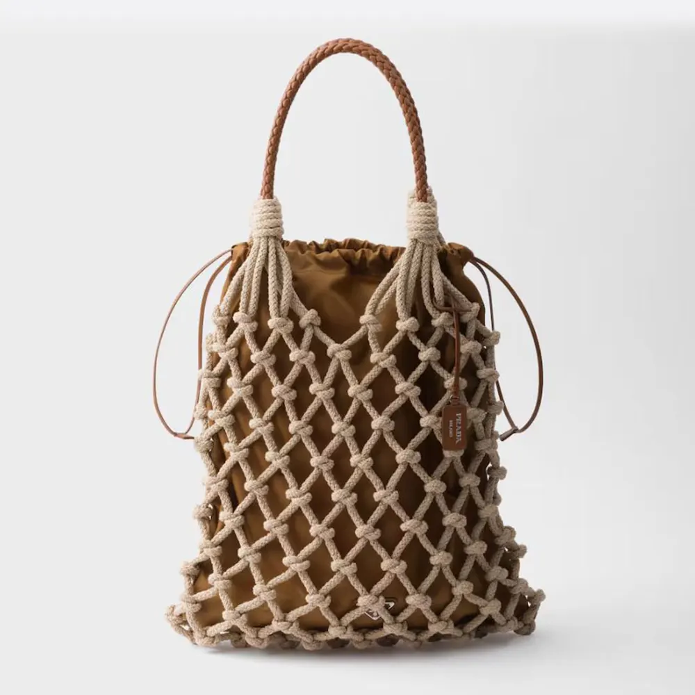 Front view of Prada Unisex Cotton Cord Macramé Tote Bag-Brown