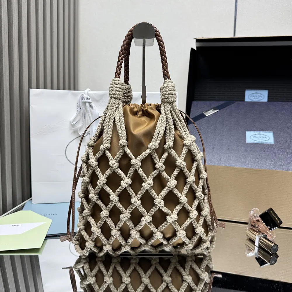 Close-up of macramé cotton cord texture on Prada tote bag