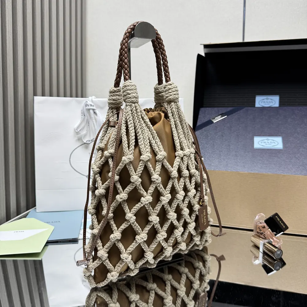 Prada Unisex Cotton Cord Macramé Tote Bag-Brown - image 4