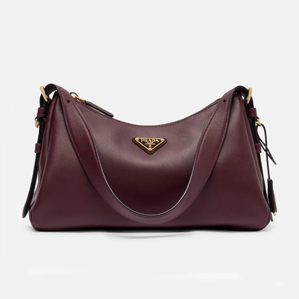 Front view of Prada Women Aimée Large Leather Shoulder Bag-Maroon