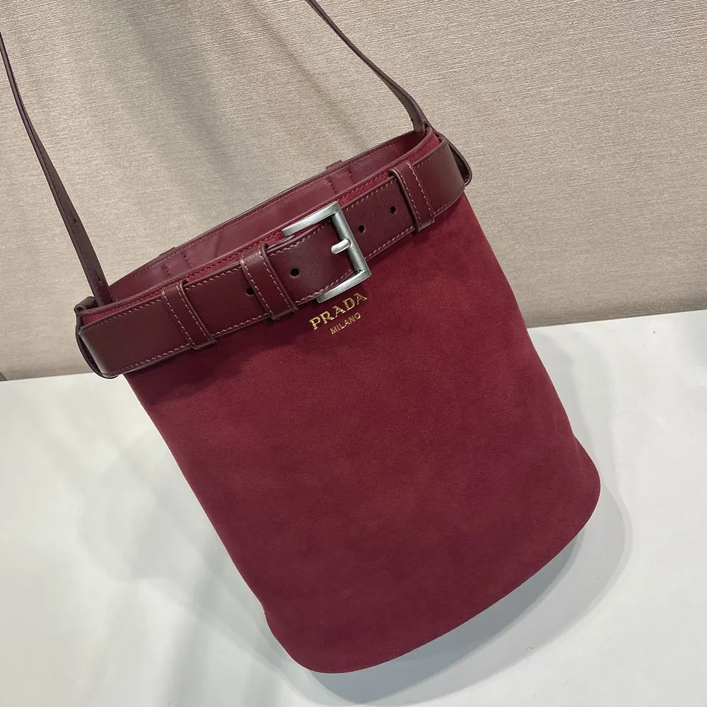 Prada Women Buckle Belted Suede Bucket Bag-Burgundy - image 5