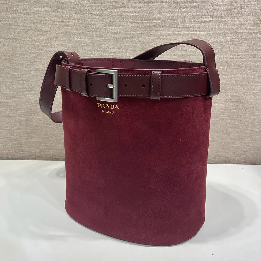 Prada Women Buckle Belted Suede Bucket Bag-Burgundy - image 6