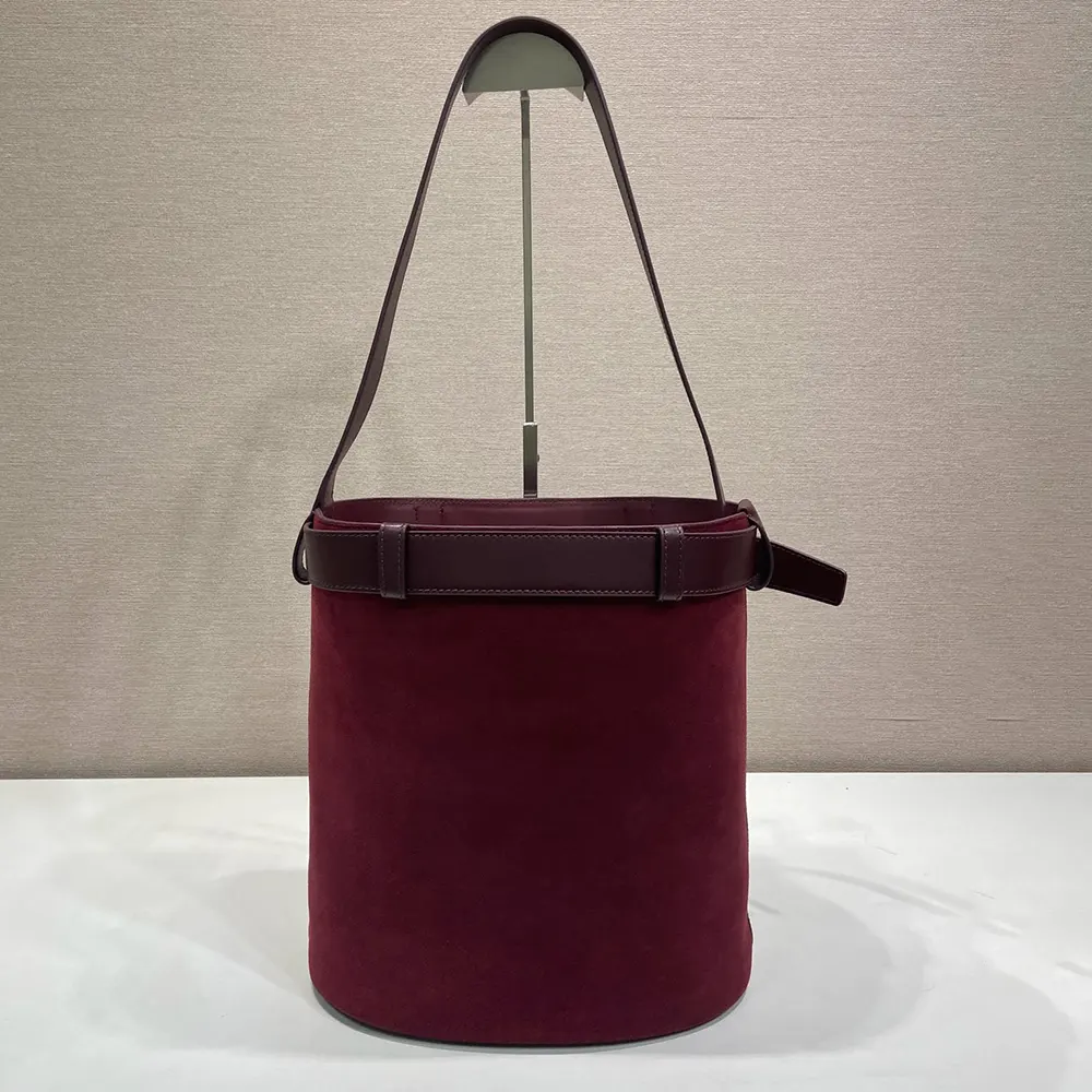 Prada Women Buckle Belted Suede Bucket Bag-Burgundy - image 4