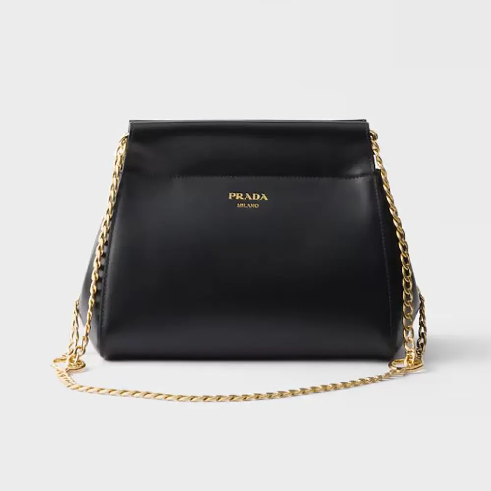 Front view of Prada Women Enchaîné Mini Leather Bag-Black with chain strap