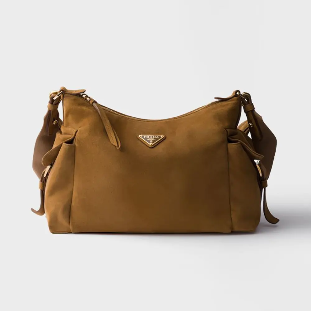 Front view of Prada Women Explore Large Suede Bag-Brown with strap