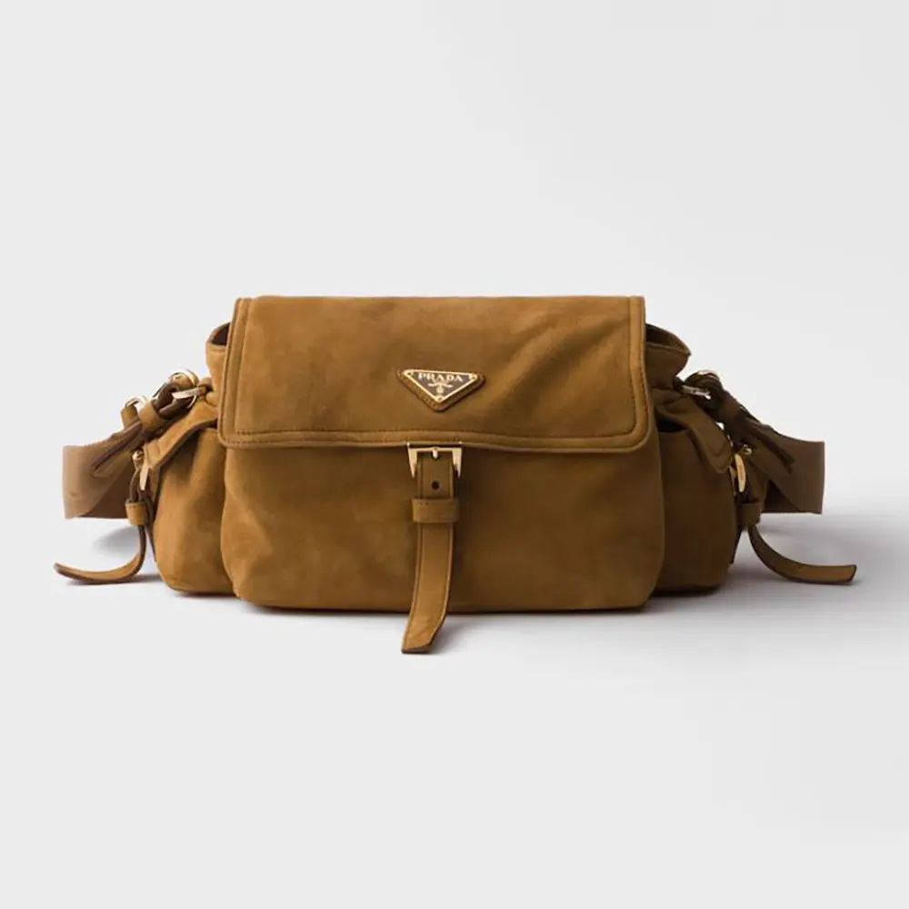 Front view of Prada Women Explore Medium Suede Shoulder Bag With Flap-Brown