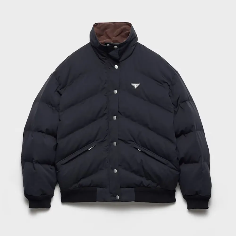 Front view of Prada Men Medium-Weight Compact Poplin Down Jacket in black