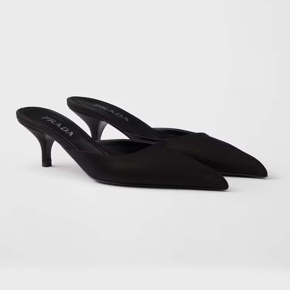 Side view of Prada Women Mules De Satén-Black showing satin finish