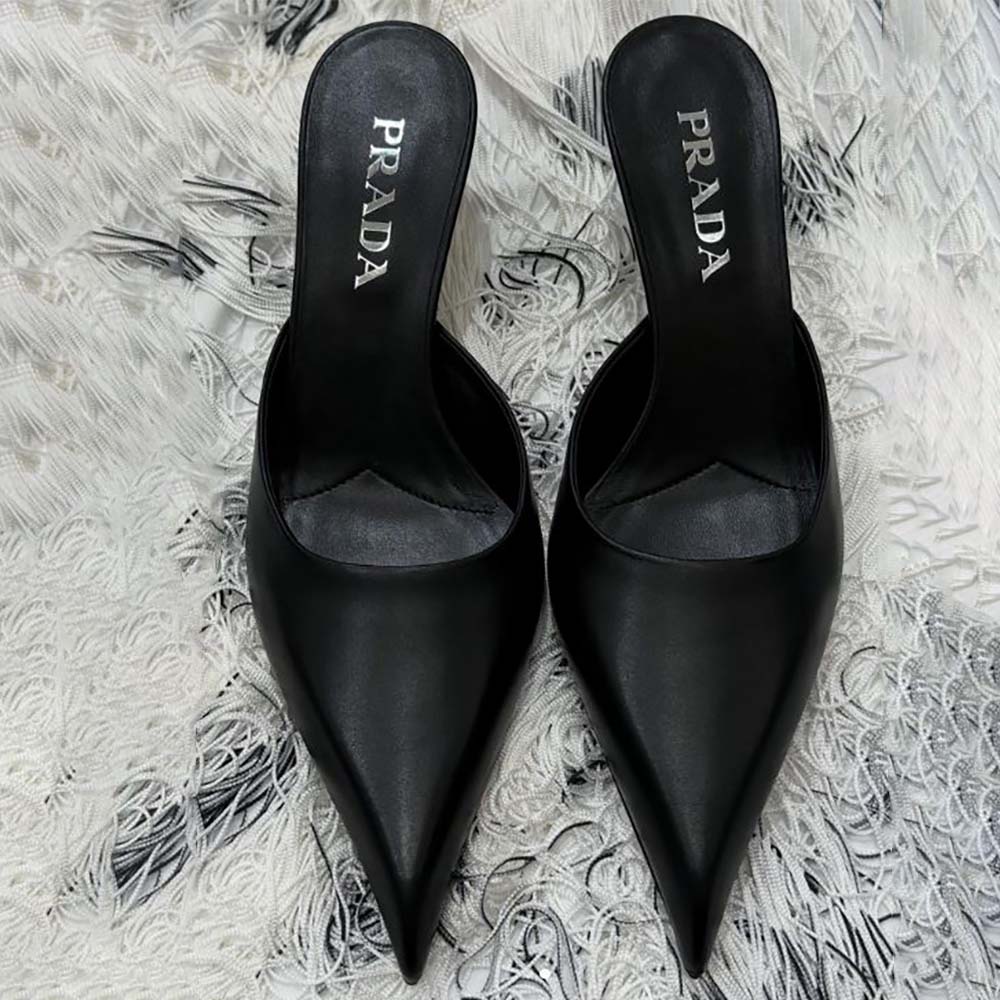 Top-down angle highlighting slip-on design of Prada Women Mules De Satén-Black