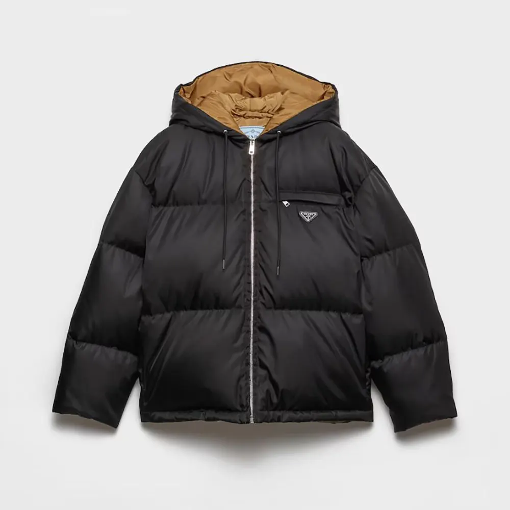 Front view of Prada Women Re-Nylon Down Jacket-Black with zipped closure