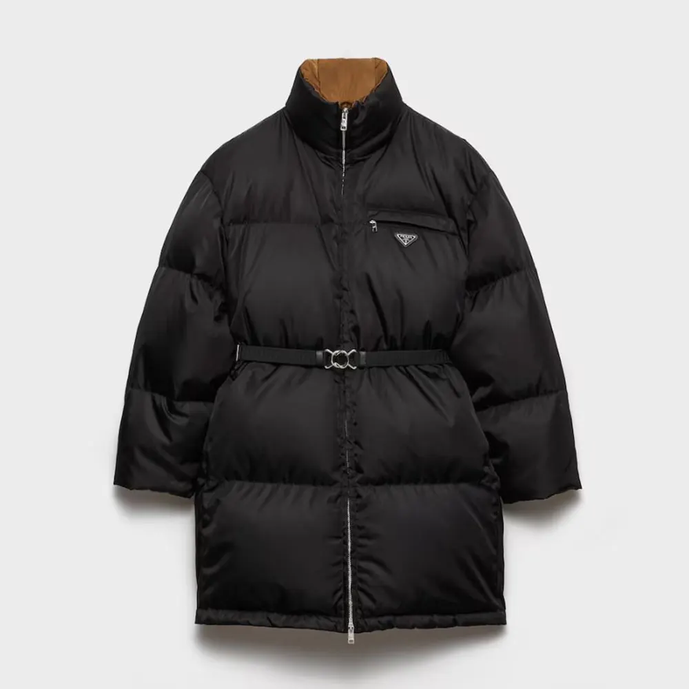 Front view of Prada Women Re-Nylon Down Jacket-Black with zipped closure