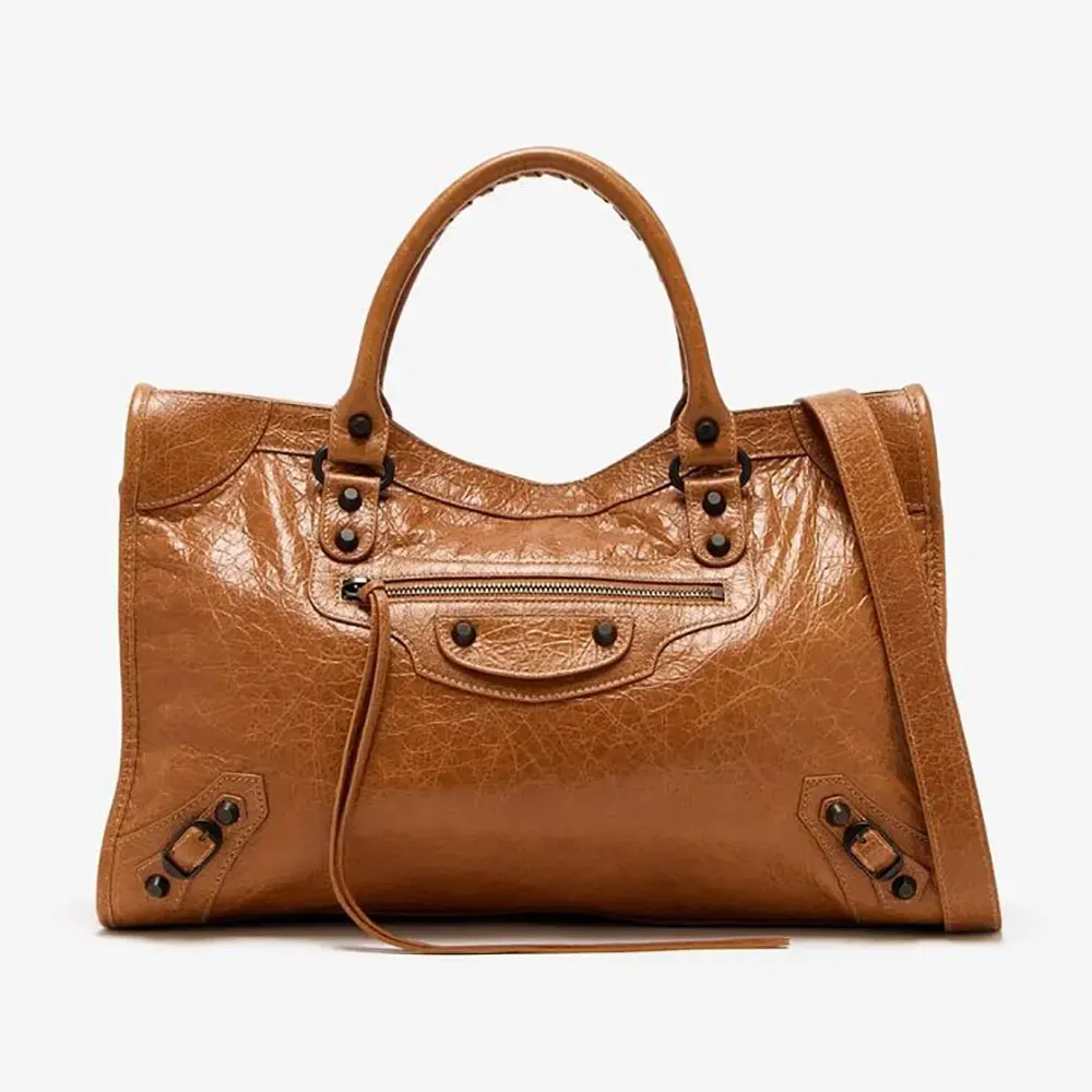 Front view of Balenciaga Women Le City Medium Bag Metallized in Brown
