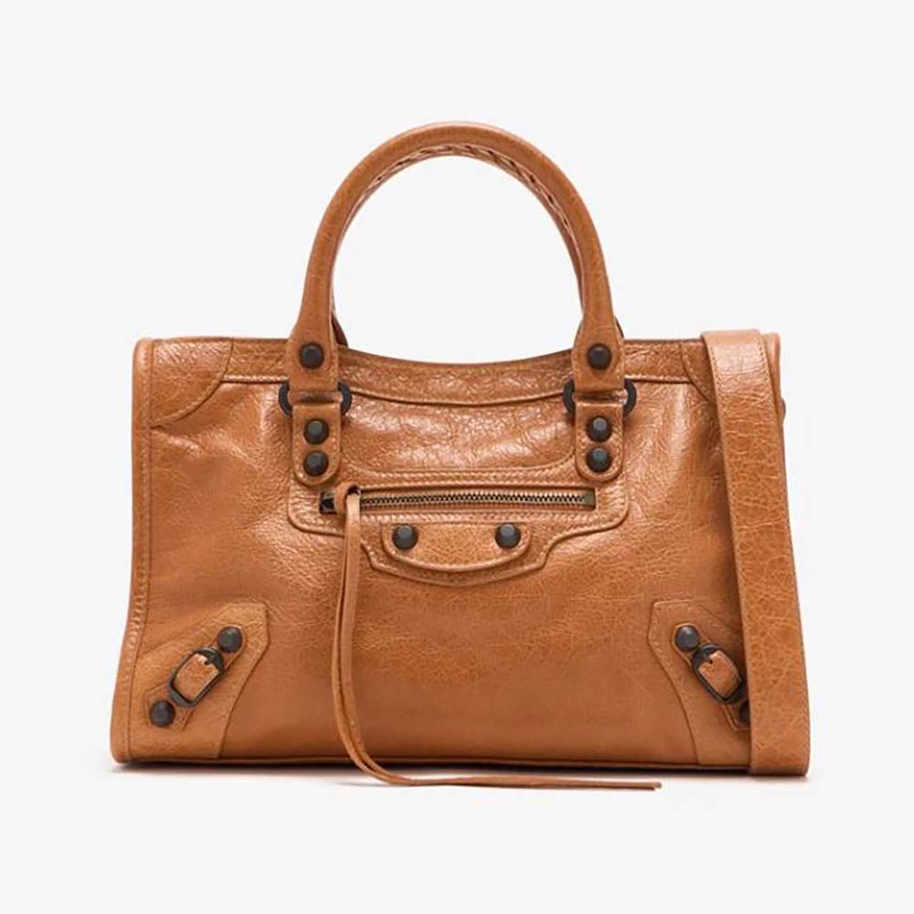 Front view of Balenciaga Women Le City Small Bag Metallized in Brown