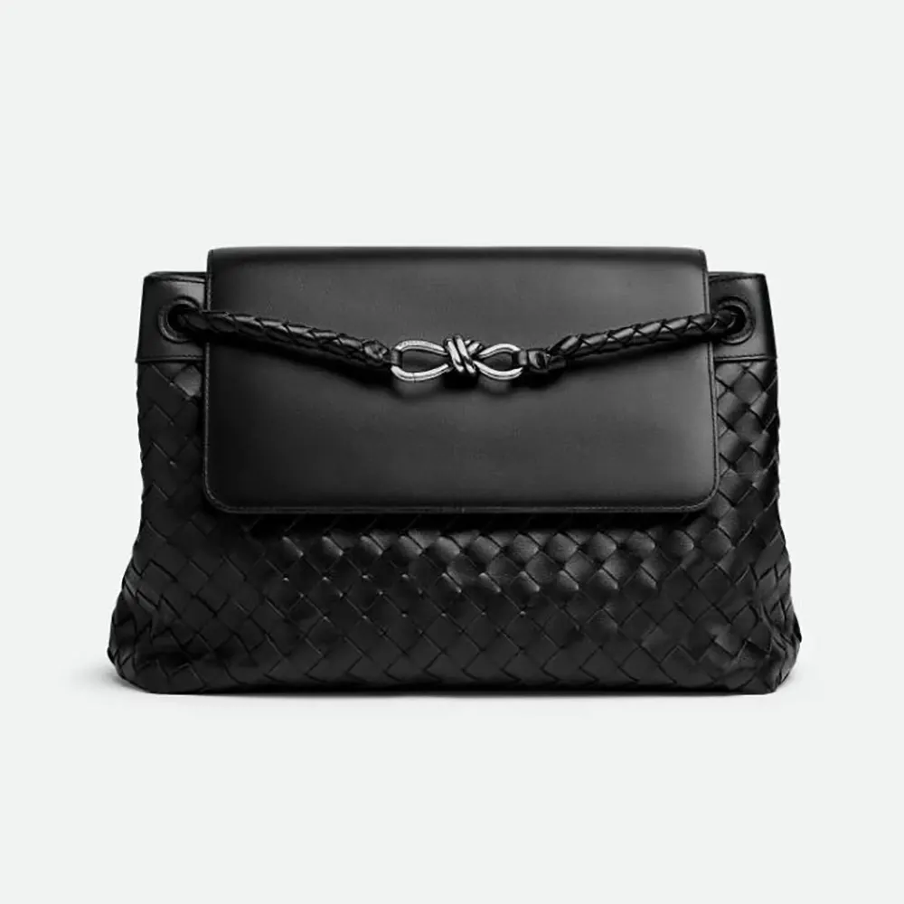 Front view of Bottega Veneta Unisex Medium Andiamo Messenger-Black bag