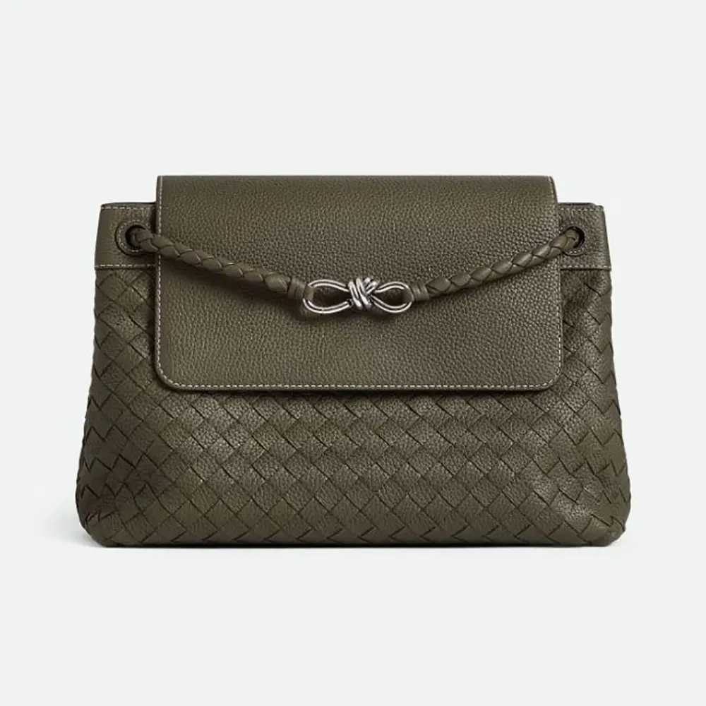 Front view of Bottega Veneta Unisex Medium Andiamo Messenger-Dark Green