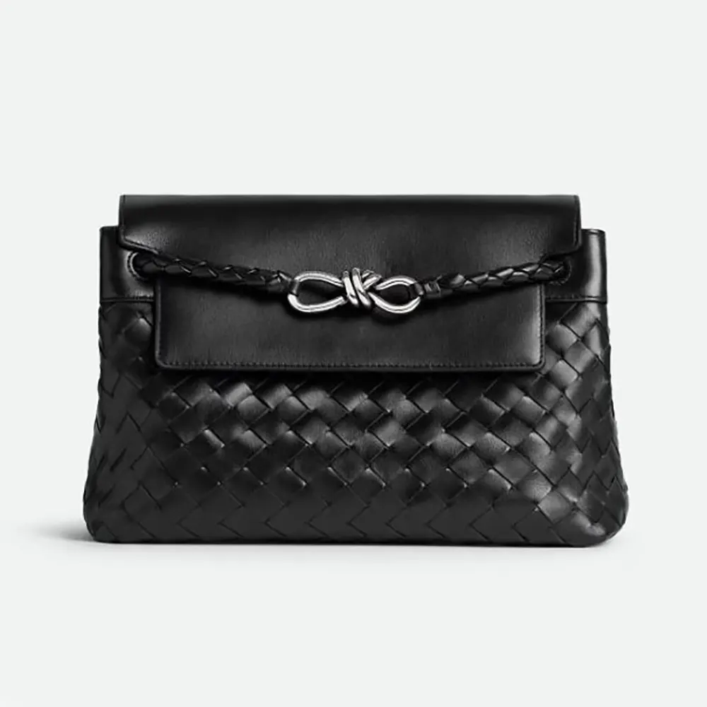 Front view of Bottega Veneta Unisex Small Andiamo Messenger-Black showing intrecciato detail