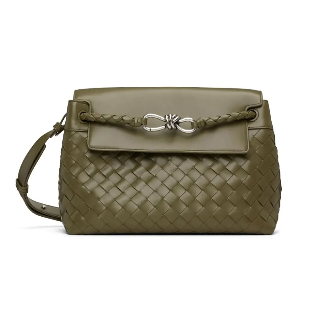 Front view of Bottega Veneta Unisex Small Andiamo Messenger-Dark Green bag