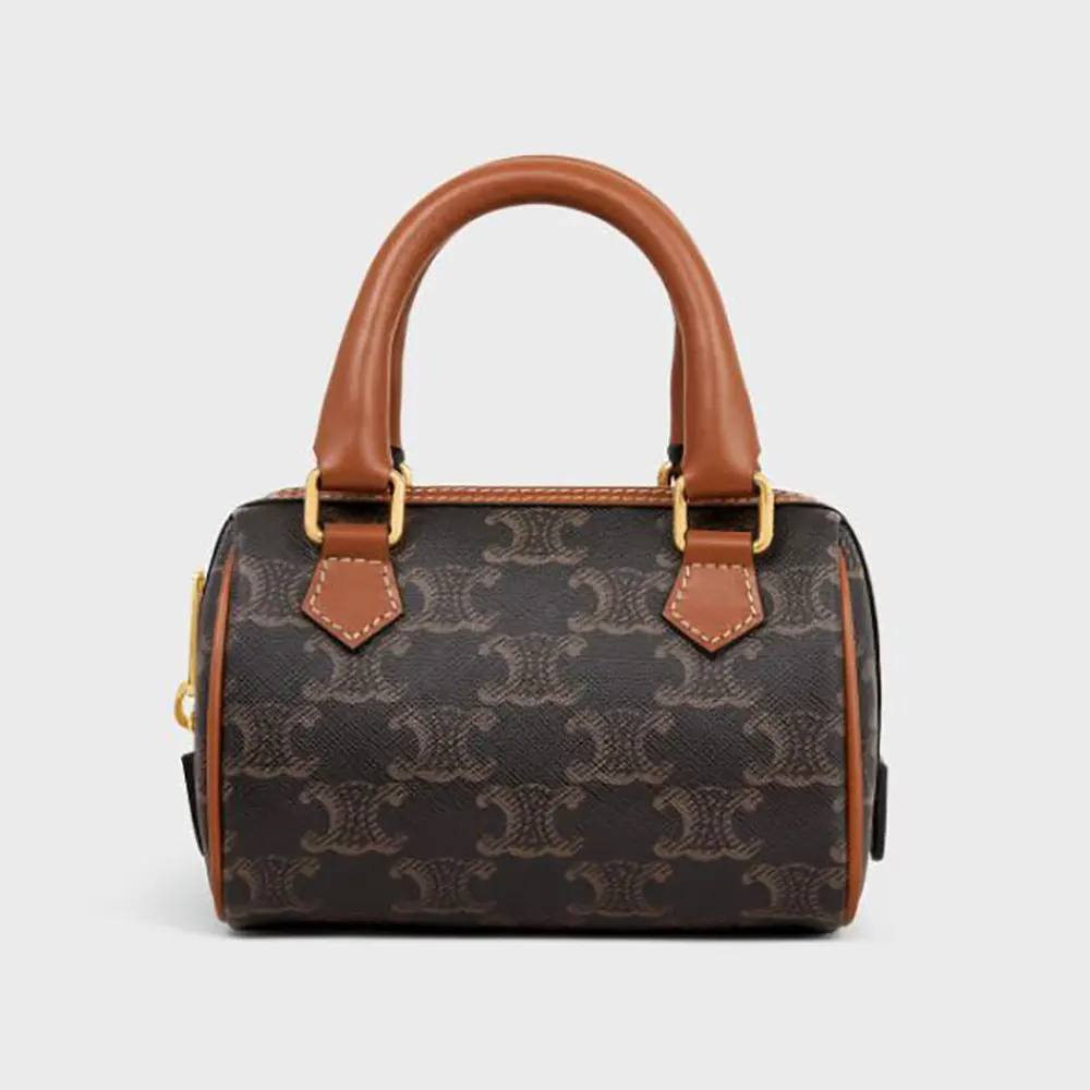 Front view of Celine Women Mini Boston in Triomphe Canvas and Calfskin-Tan