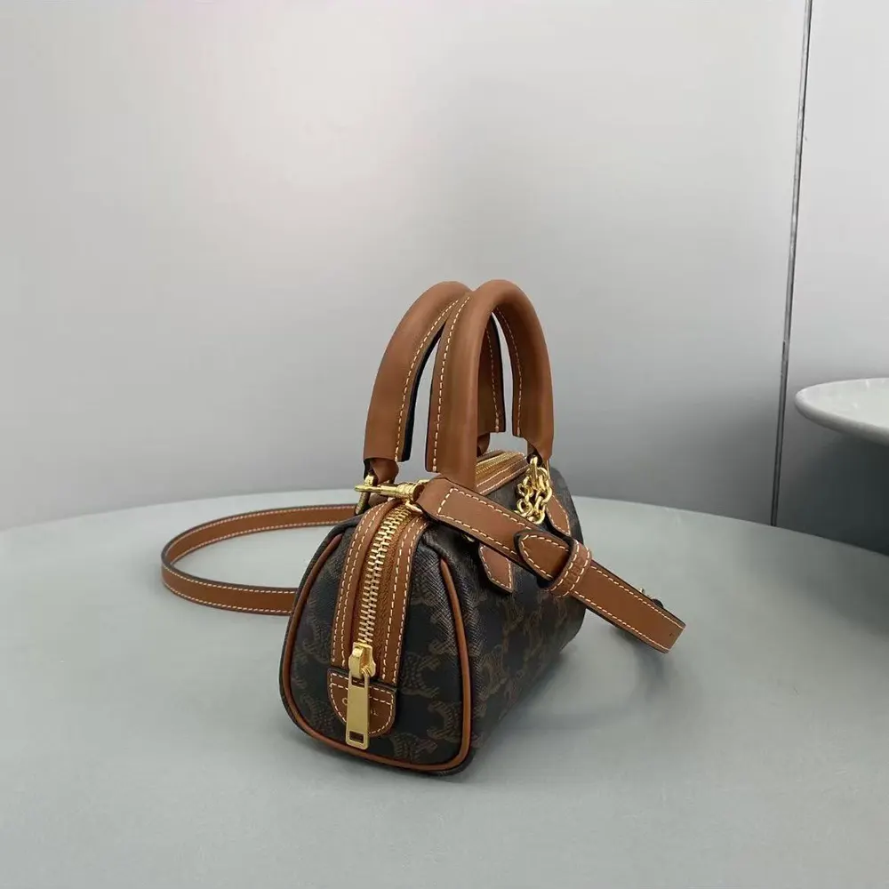 Celine Women Mini Boston in Triomphe Canvas and Calfskin-Tan - image 4