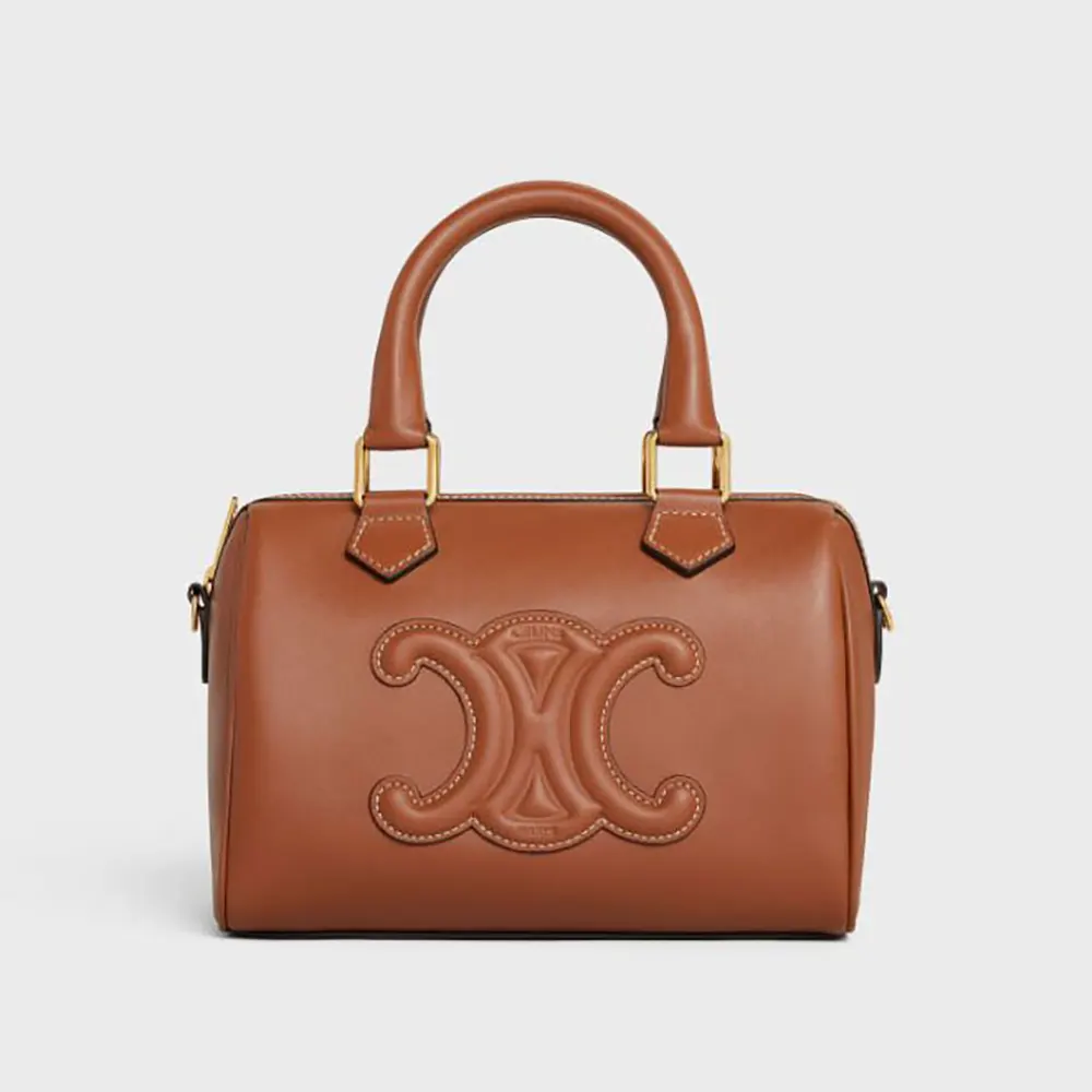 Front view of Celine Women Small Boston in Smooth Calfskin-Brown handbag