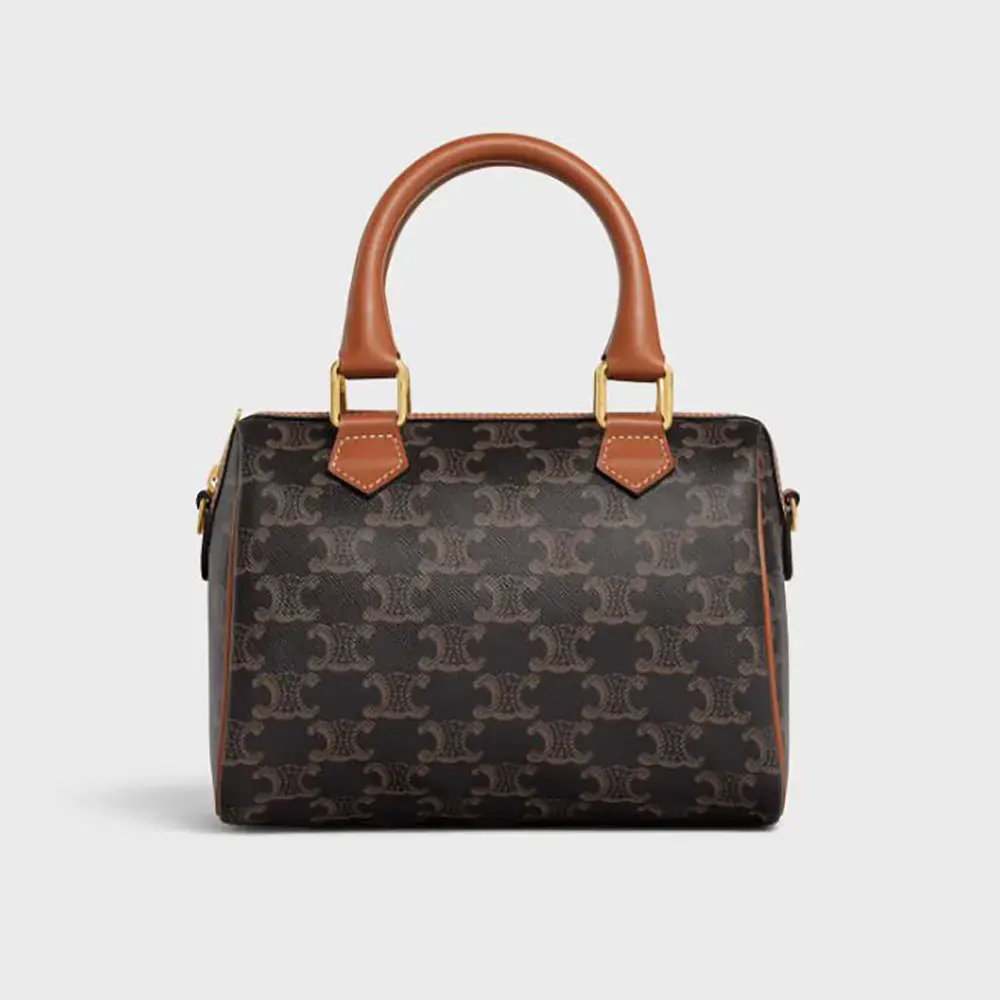 Front view of Celine Women Small Boston in Triomphe Canvas and Calfskin-Tan